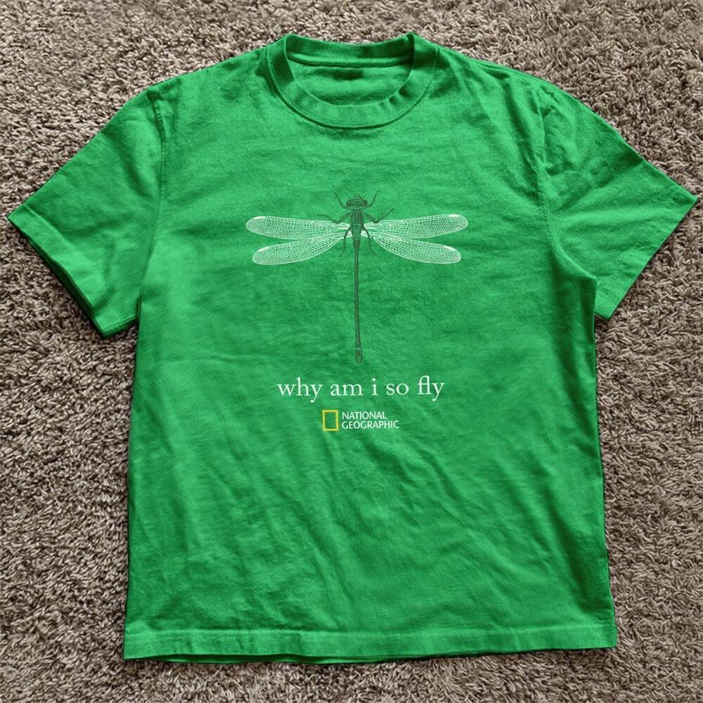White National Geographic why Am I So Fly Green Dragonfly Tee